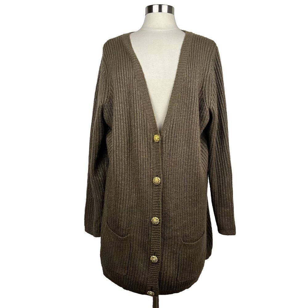 Soft Surroundings Cardigan 3X Womens Taupe Metallic Knit Gold Buttons Pockets